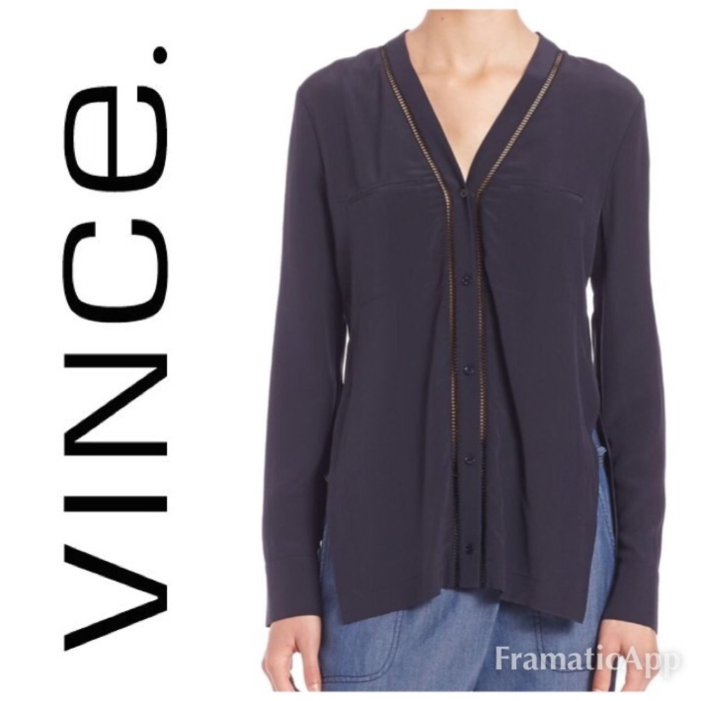 Vince ladder stitch trim silk button down
